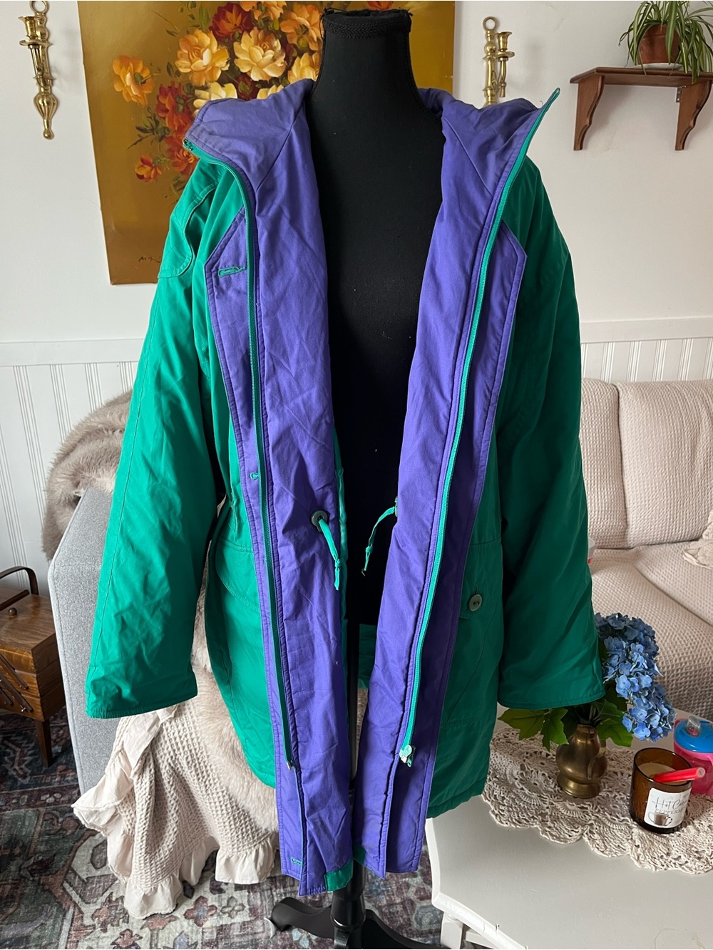 Women’s Vintage Nuage by Ladea Green and Purple Hooded Long Winter Coat Size XL